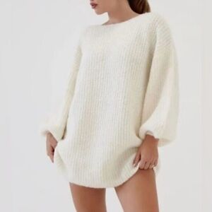 Rumored Revolve Milkshake Puff Sleeve Knit Oversized Mini Dress Size S NWT